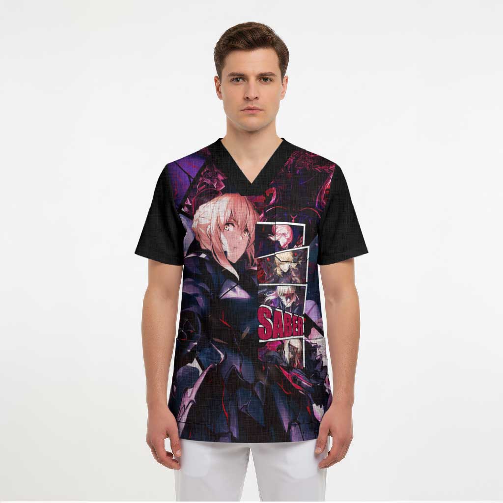 Saber Artoria Pendragon Dark Armor Theme Scrub Top with Red and Purple Abstract Background Design - The Mazicc