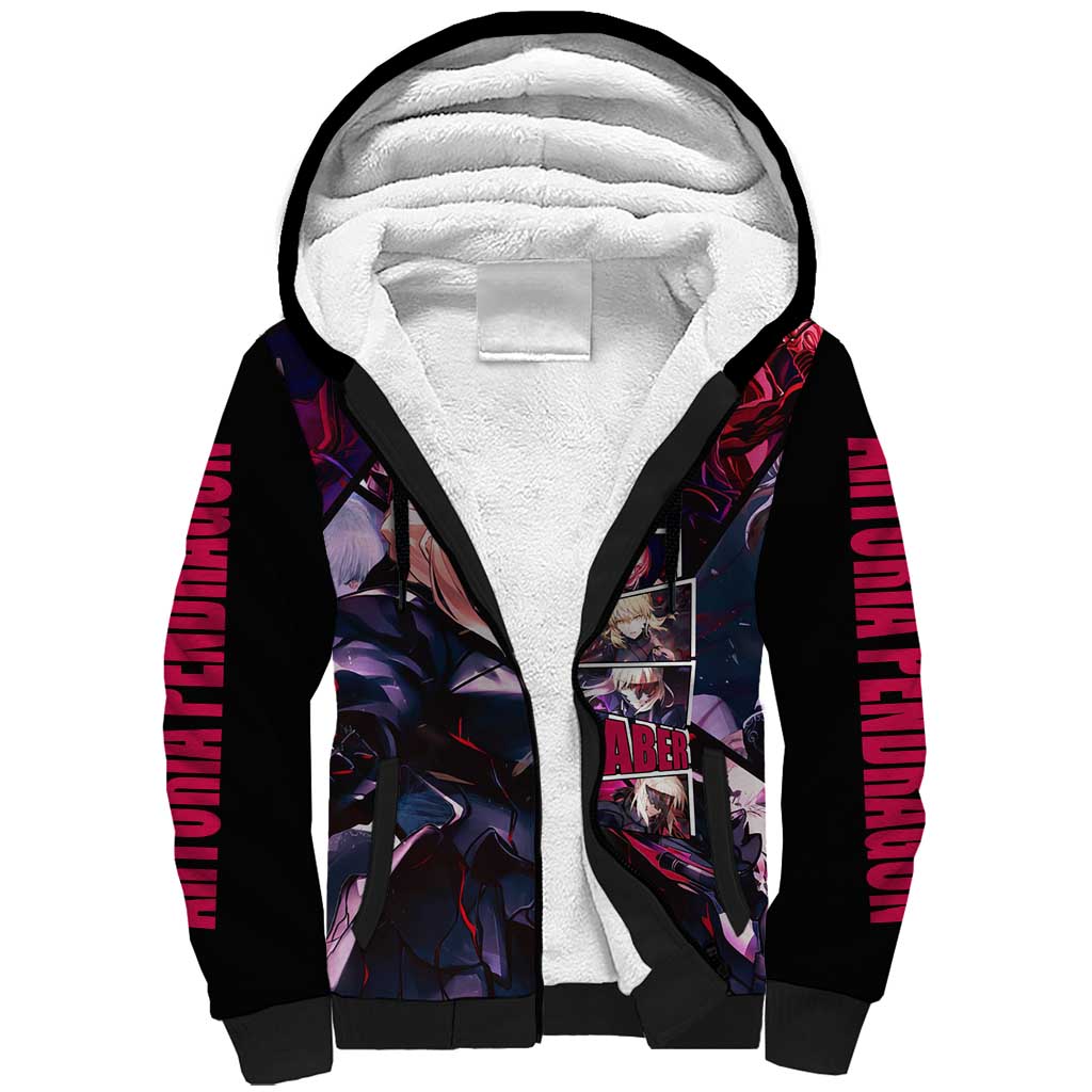 Saber Artoria Pendragon Dark Armor Theme Sherpa Hoodie with Red and Purple Abstract Background Design - The Mazicc