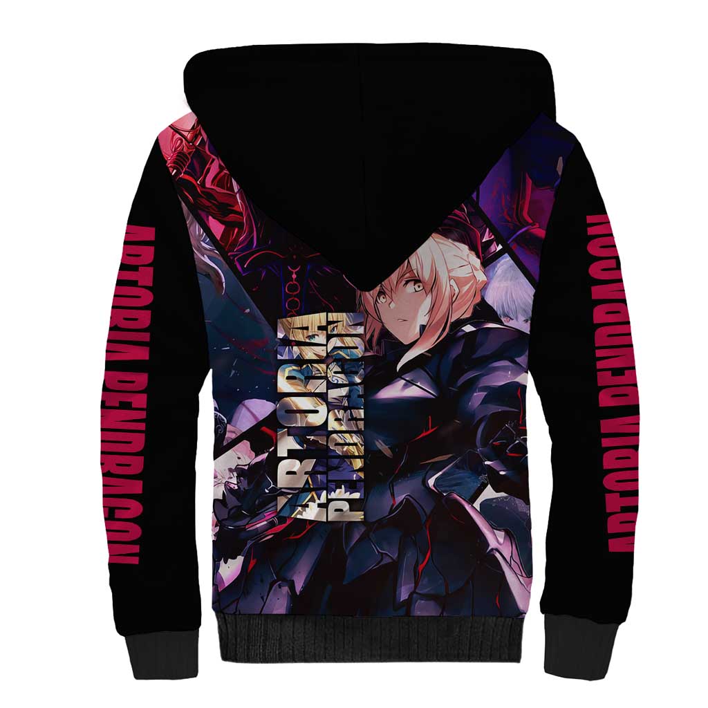 Saber Artoria Pendragon Dark Armor Theme Sherpa Hoodie with Red and Purple Abstract Background Design - The Mazicc