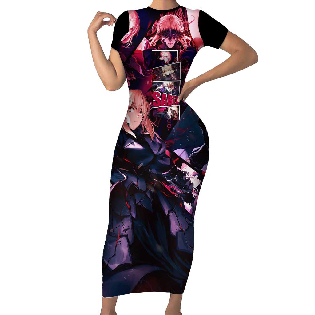 Saber Artoria Pendragon Dark Armor Theme Short Sleeve Bodycon Dress with Red and Purple Abstract Background Design - The Mazicc