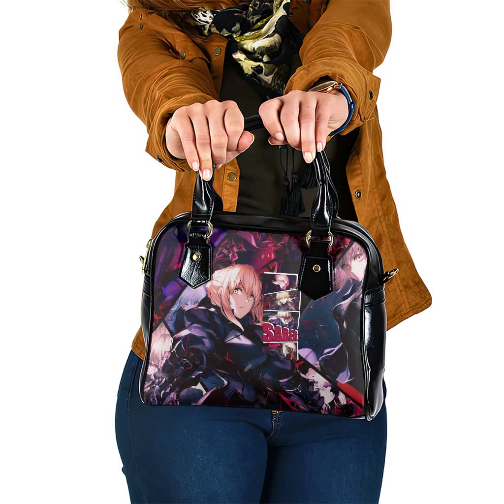 Saber Artoria Pendragon Dark Armor Theme Shoulder Handbag with Red and Purple Abstract Background Design - The Mazicc