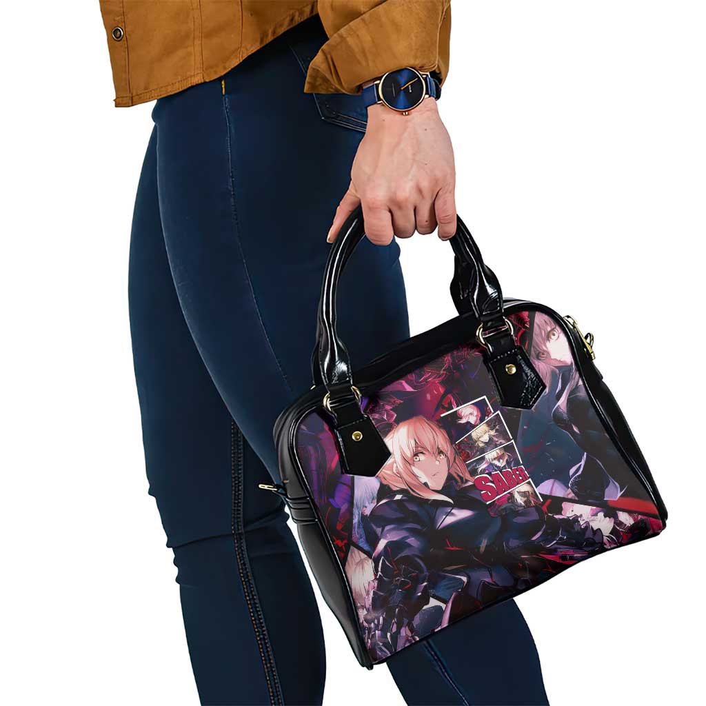 Saber Artoria Pendragon Dark Armor Theme Shoulder Handbag with Red and Purple Abstract Background Design - The Mazicc
