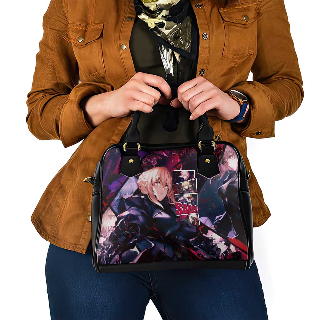 Saber Artoria Pendragon Dark Armor Theme Shoulder Handbag with Red and Purple Abstract Background Design - The Mazicc