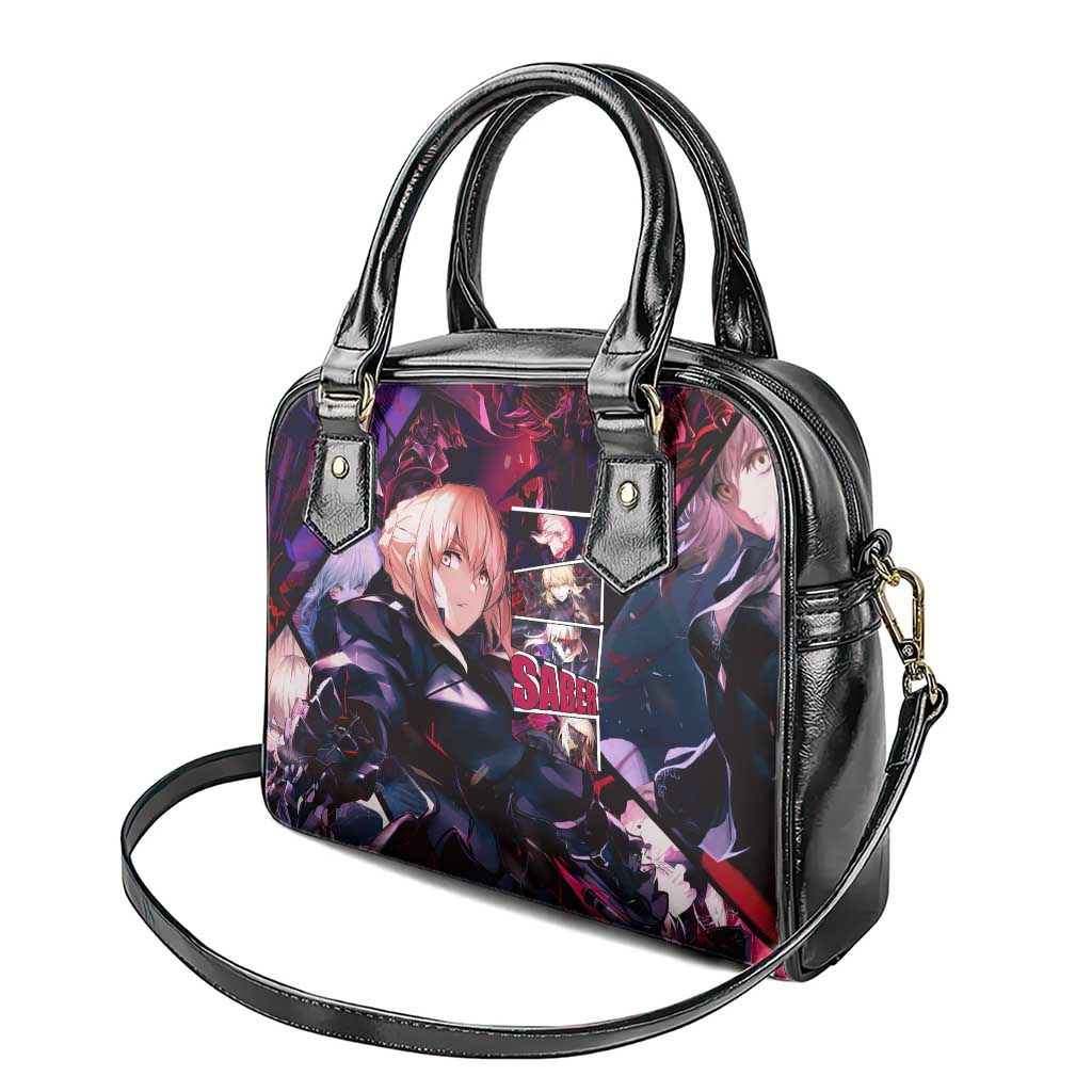 Saber Artoria Pendragon Dark Armor Theme Shoulder Handbag with Red and Purple Abstract Background Design - The Mazicc