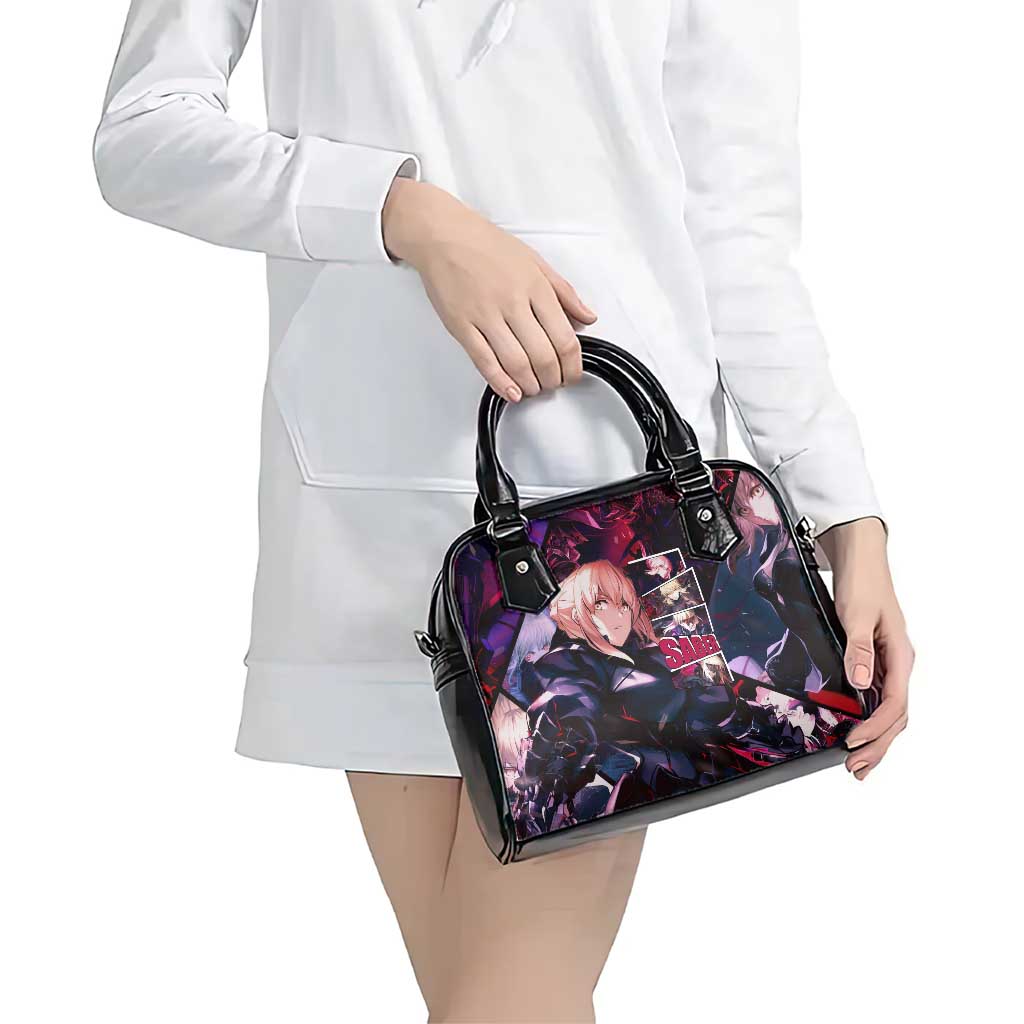 Saber Artoria Pendragon Dark Armor Theme Shoulder Handbag with Red and Purple Abstract Background Design - The Mazicc