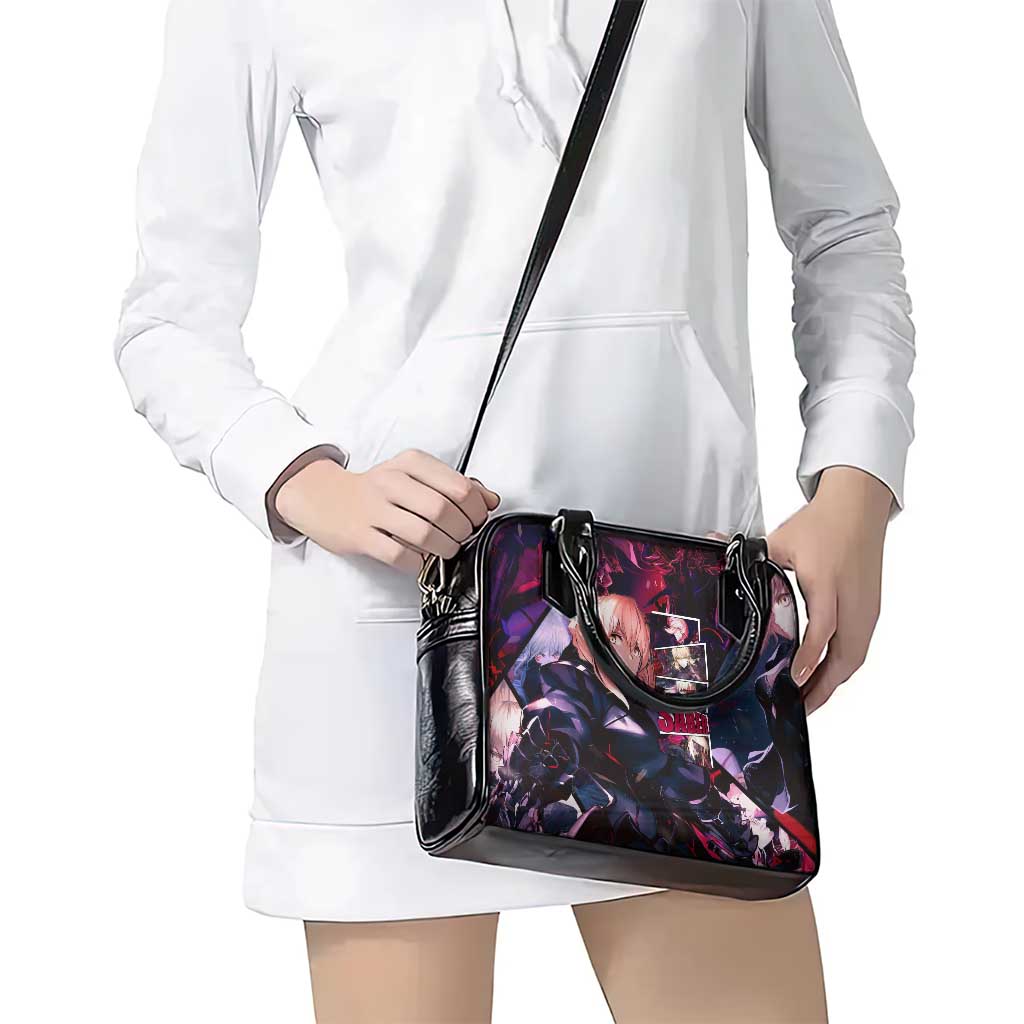 Saber Artoria Pendragon Dark Armor Theme Shoulder Handbag with Red and Purple Abstract Background Design - The Mazicc