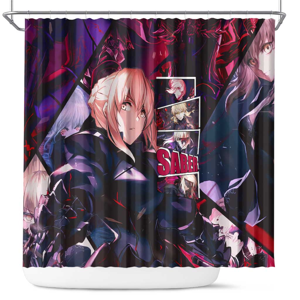 Saber Artoria Pendragon Dark Armor Theme Shower Curtain with Red and Purple Abstract Background Design - The Mazicc
