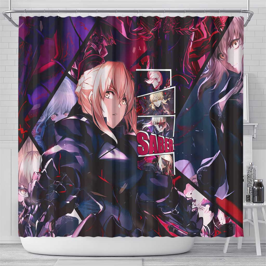 Saber Artoria Pendragon Dark Armor Theme Shower Curtain with Red and Purple Abstract Background Design - The Mazicc