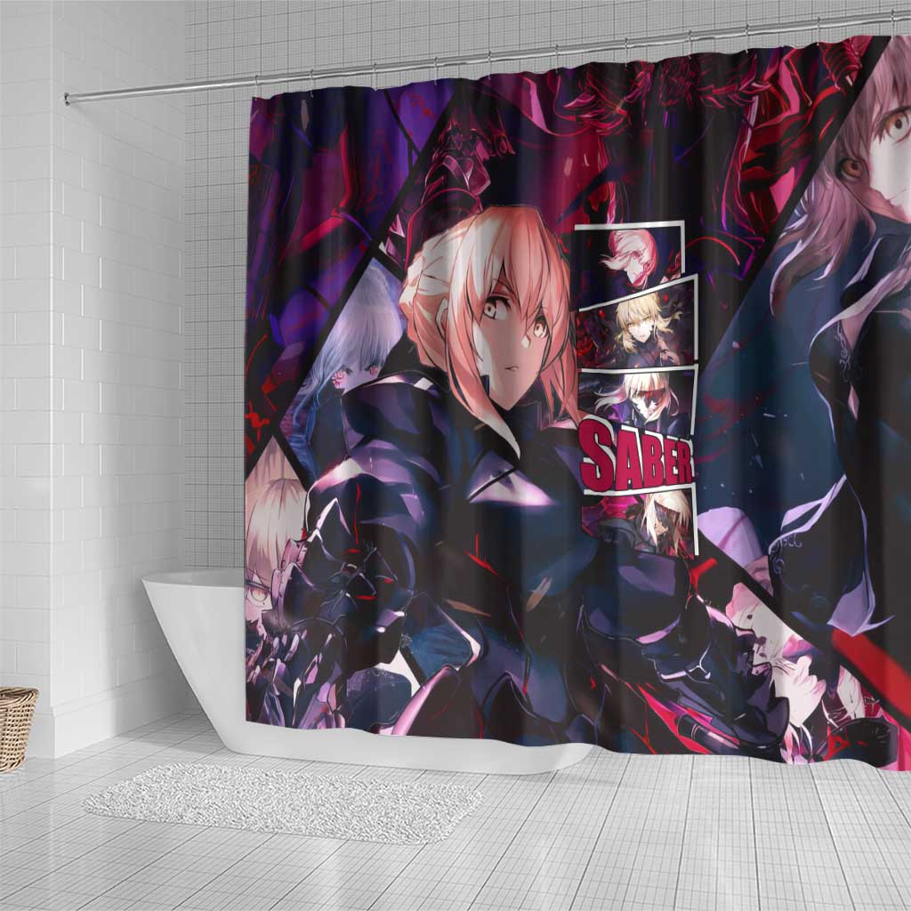 Saber Artoria Pendragon Dark Armor Theme Shower Curtain with Red and Purple Abstract Background Design - The Mazicc