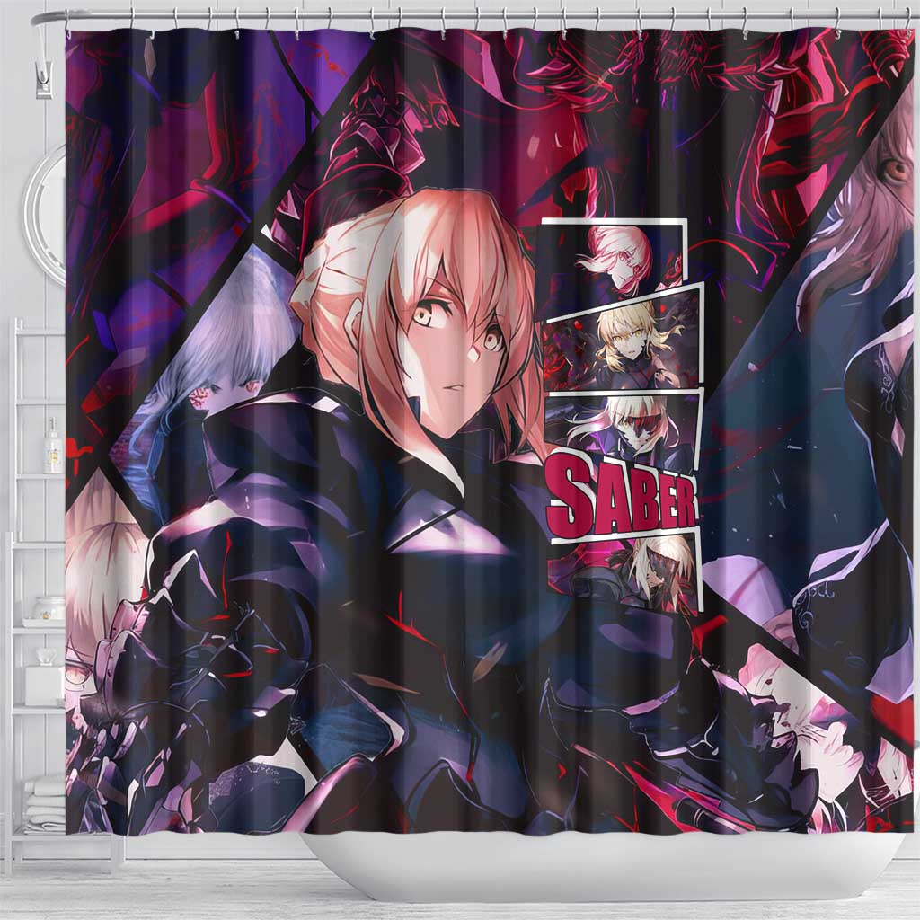 Saber Artoria Pendragon Dark Armor Theme Shower Curtain with Red and Purple Abstract Background Design - The Mazicc