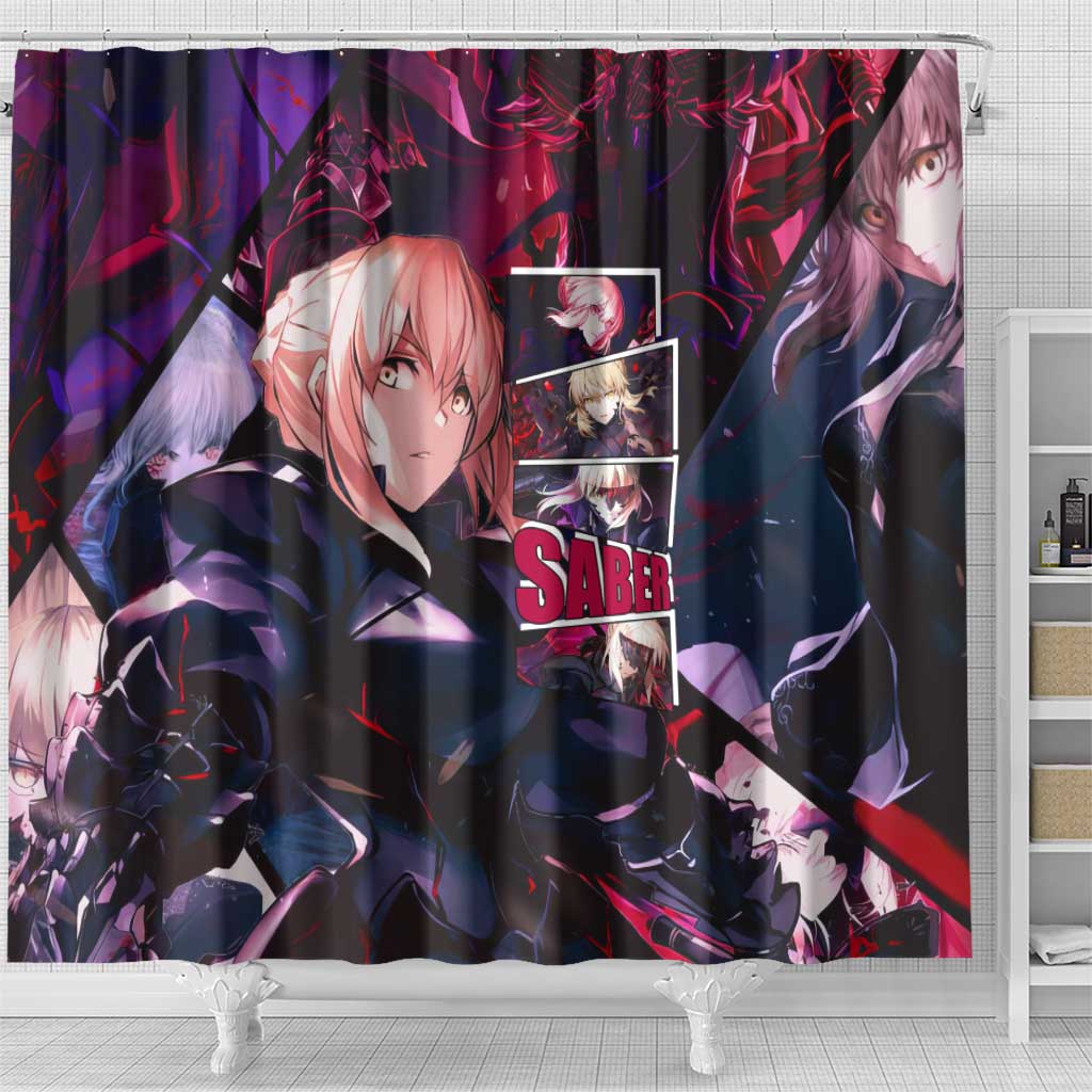 Saber Artoria Pendragon Dark Armor Theme Shower Curtain with Red and Purple Abstract Background Design - The Mazicc