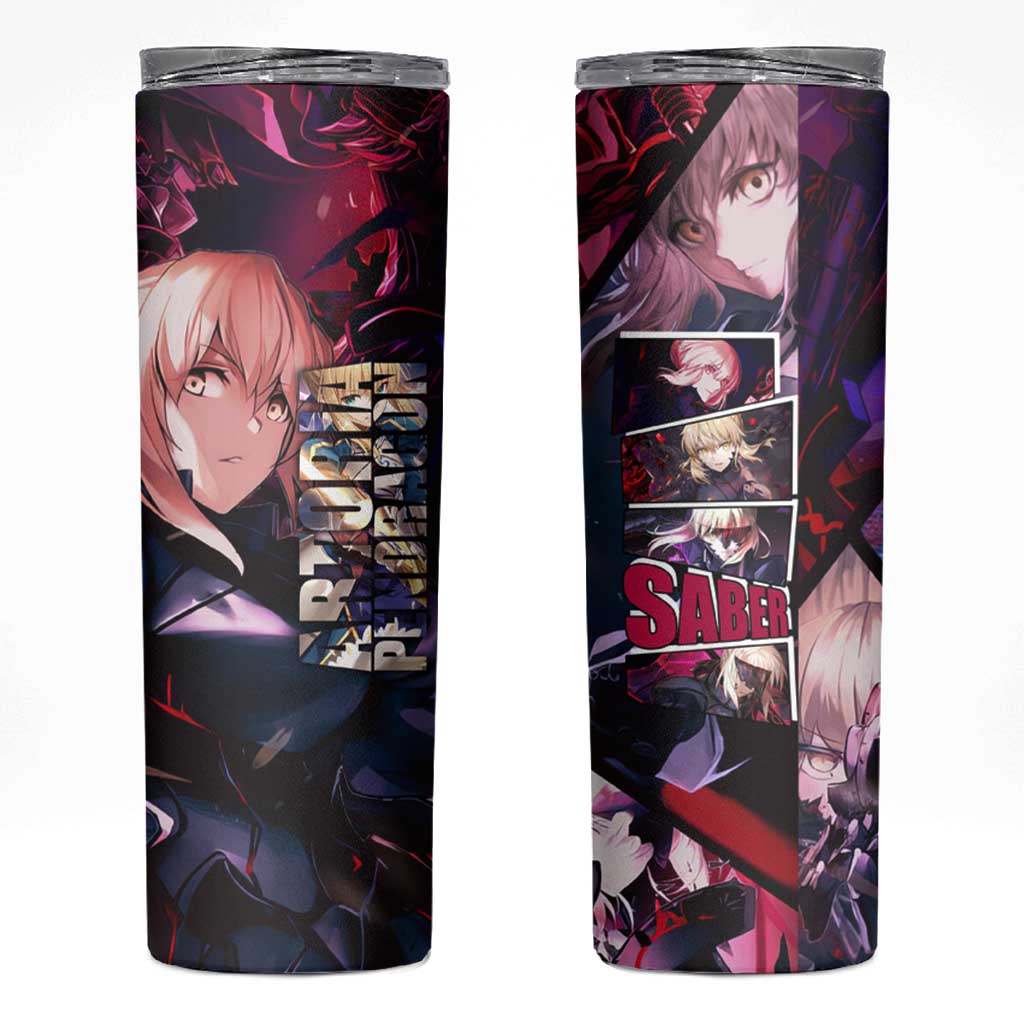 Saber Artoria Pendragon Dark Armor Theme Skinny Tumbler with Red and Purple Abstract Background Design - The Mazicc