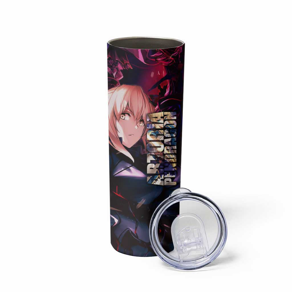 Saber Artoria Pendragon Dark Armor Theme Skinny Tumbler with Red and Purple Abstract Background Design - The Mazicc