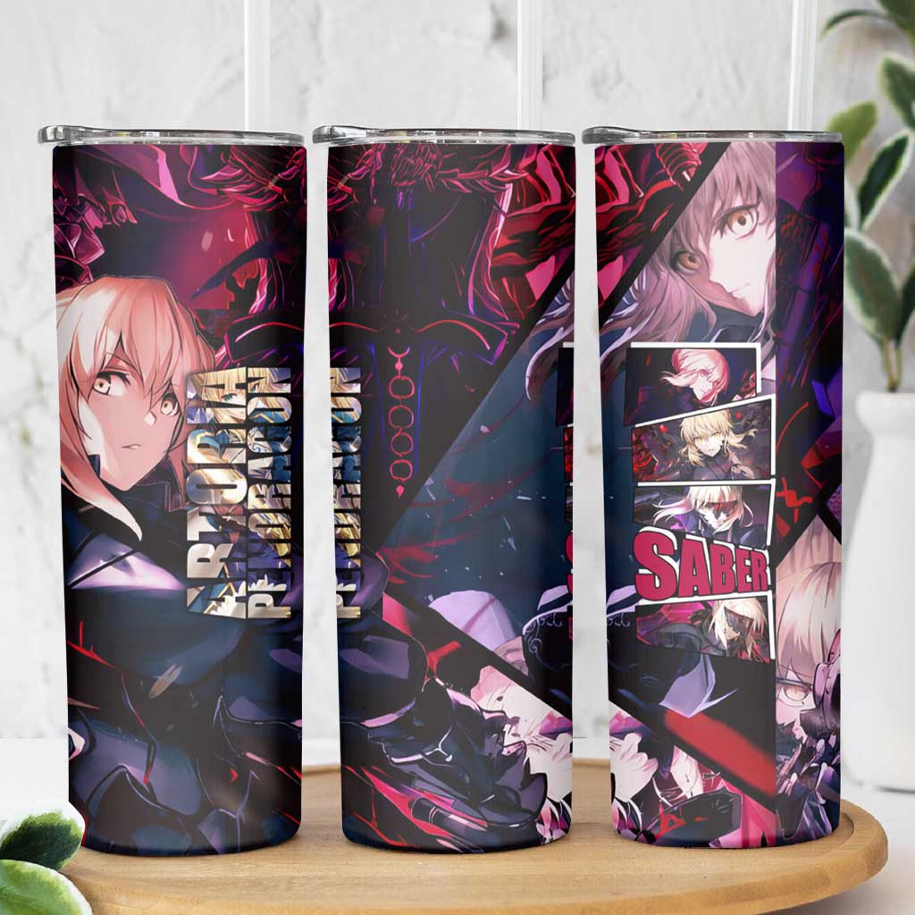 Saber Artoria Pendragon Dark Armor Theme Skinny Tumbler with Red and Purple Abstract Background Design - The Mazicc