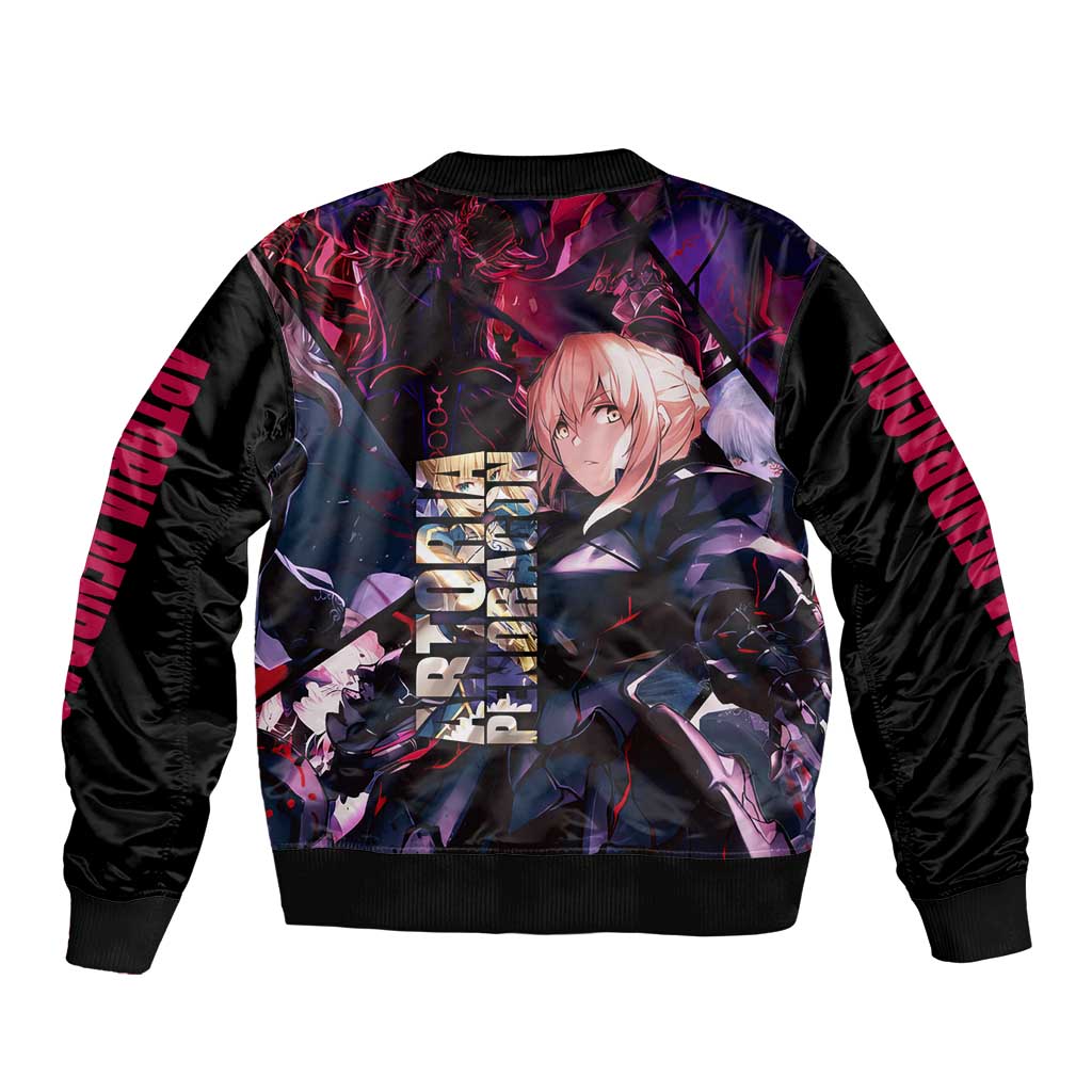 Saber Artoria Pendragon Dark Armor Theme Sleeve Zip Bomber Jacket with Red and Purple Abstract Background Design - The Mazicc