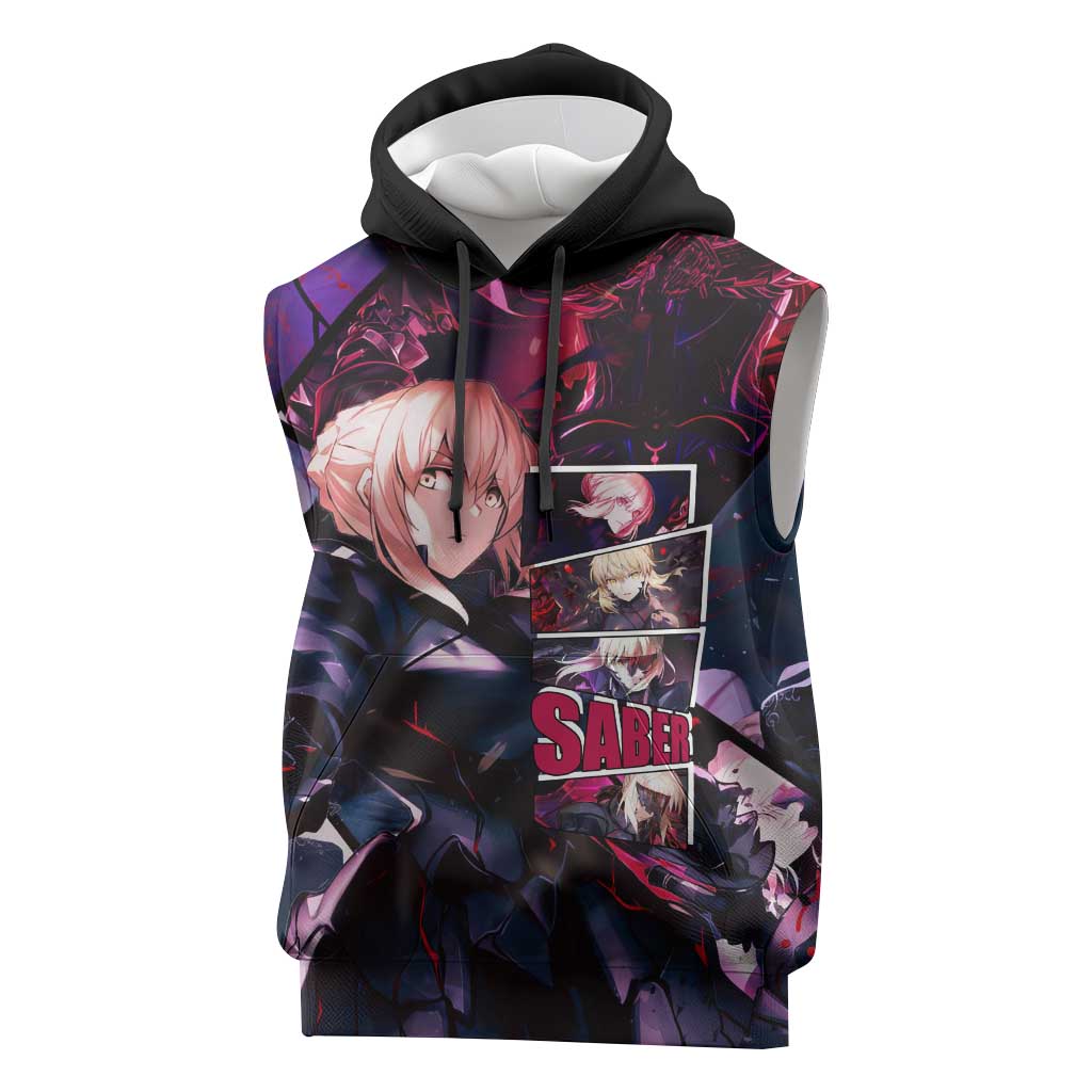Saber Artoria Pendragon Dark Armor Theme Sleeveless Hoodie with Red and Purple Abstract Background Design - The Mazicc