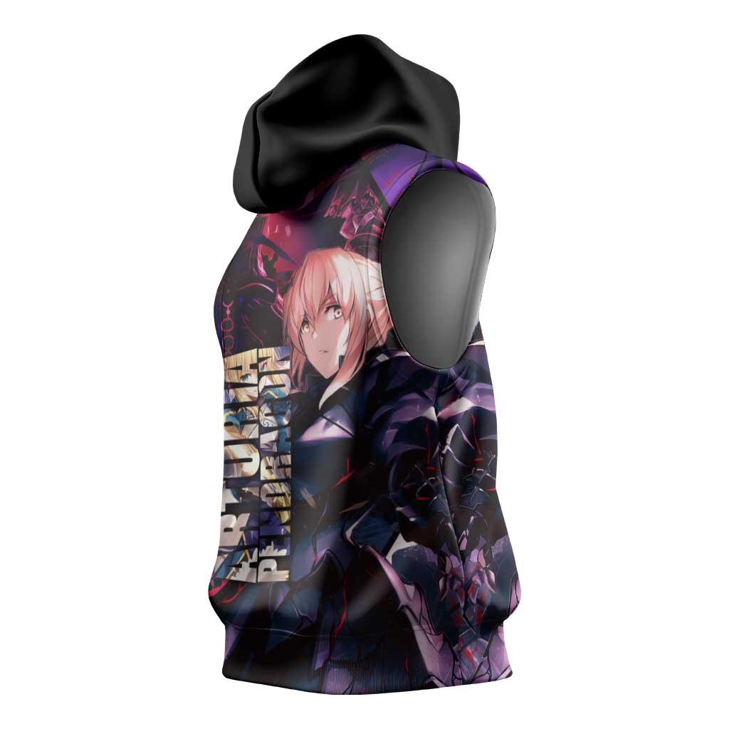 Saber Artoria Pendragon Dark Armor Theme Sleeveless Hoodie with Red and Purple Abstract Background Design - The Mazicc