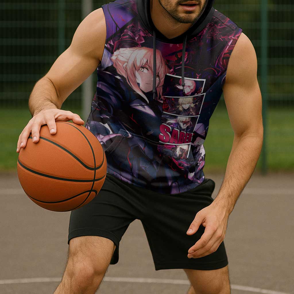 Saber Artoria Pendragon Dark Armor Theme Sleeveless Hoodie with Red and Purple Abstract Background Design - The Mazicc