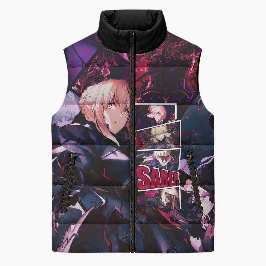 Saber Artoria Pendragon Dark Armor Theme Sleeveless Puffer Jacket with Red and Purple Abstract Background Design - The Mazicc