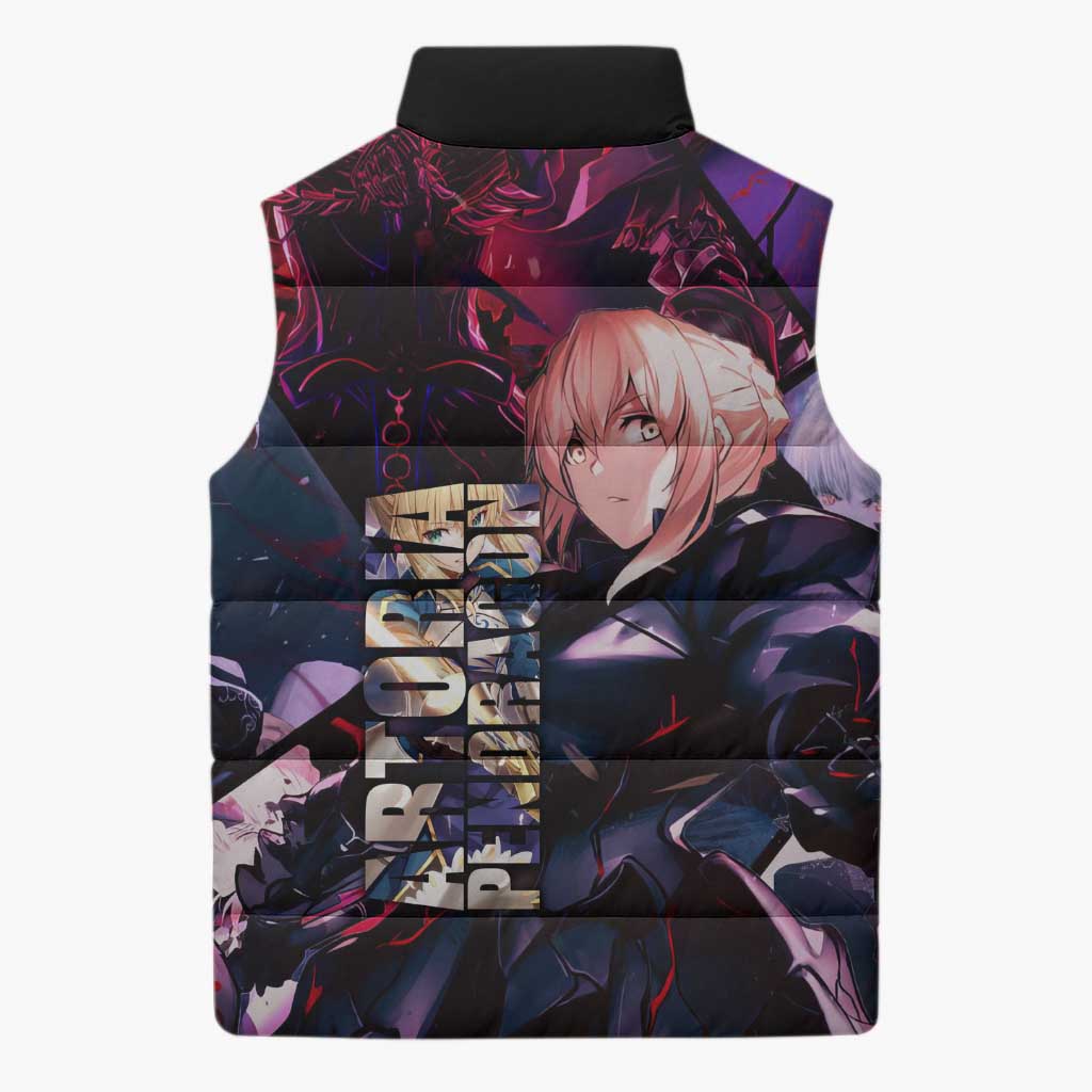 Saber Artoria Pendragon Dark Armor Theme Sleeveless Puffer Jacket with Red and Purple Abstract Background Design - The Mazicc