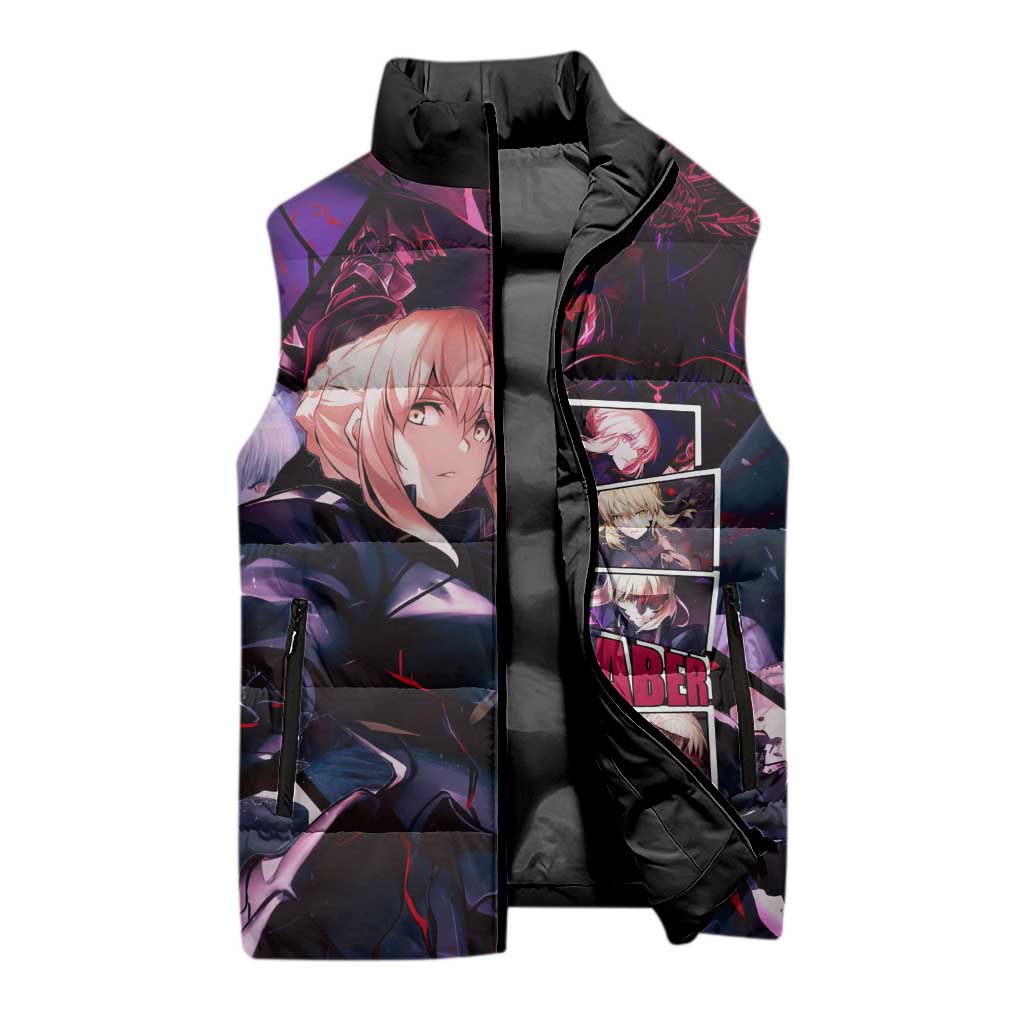 Saber Artoria Pendragon Dark Armor Theme Sleeveless Puffer Jacket with Red and Purple Abstract Background Design - The Mazicc