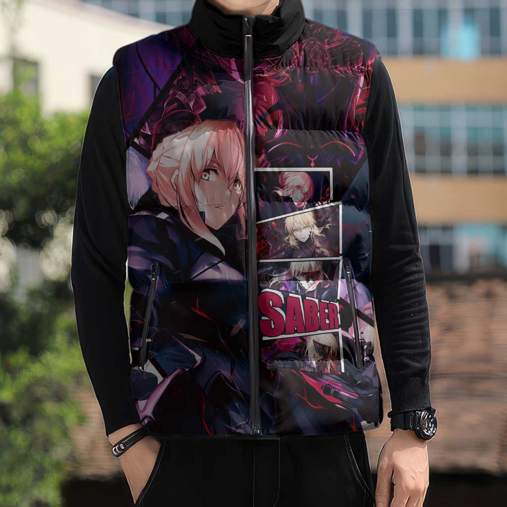 Saber Artoria Pendragon Dark Armor Theme Sleeveless Puffer Jacket with Red and Purple Abstract Background Design - The Mazicc