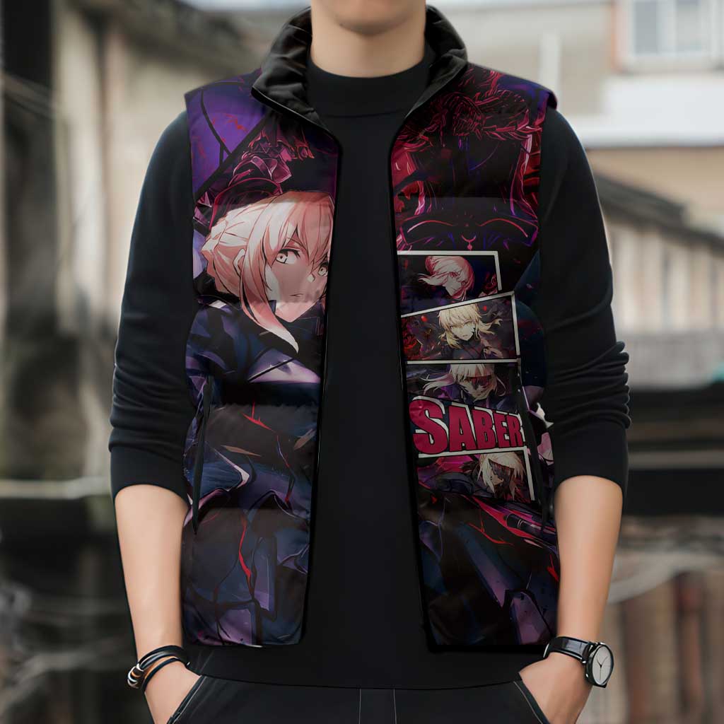 Saber Artoria Pendragon Dark Armor Theme Sleeveless Puffer Jacket with Red and Purple Abstract Background Design - The Mazicc