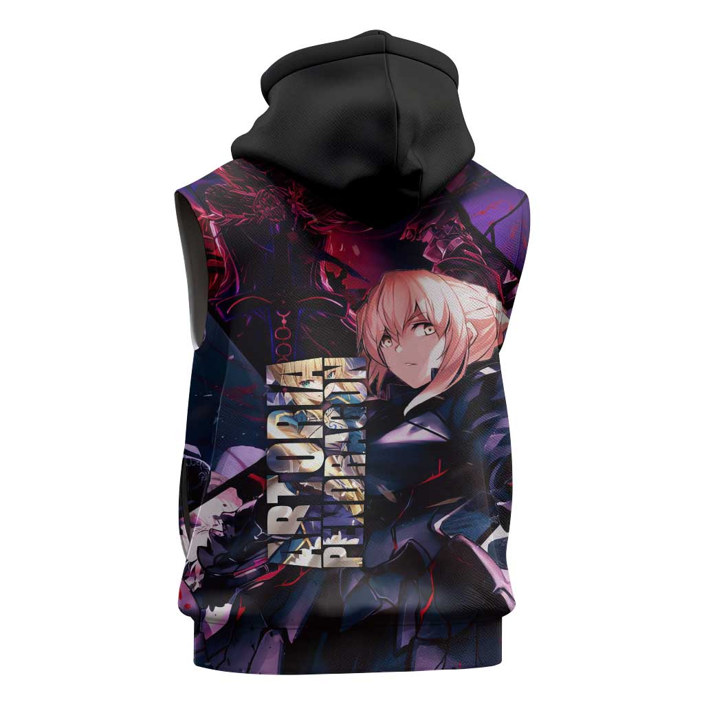 Saber Artoria Pendragon Dark Armor Theme Sleeveless Zip Hoodie with Red and Purple Abstract Background Design - The Mazicc