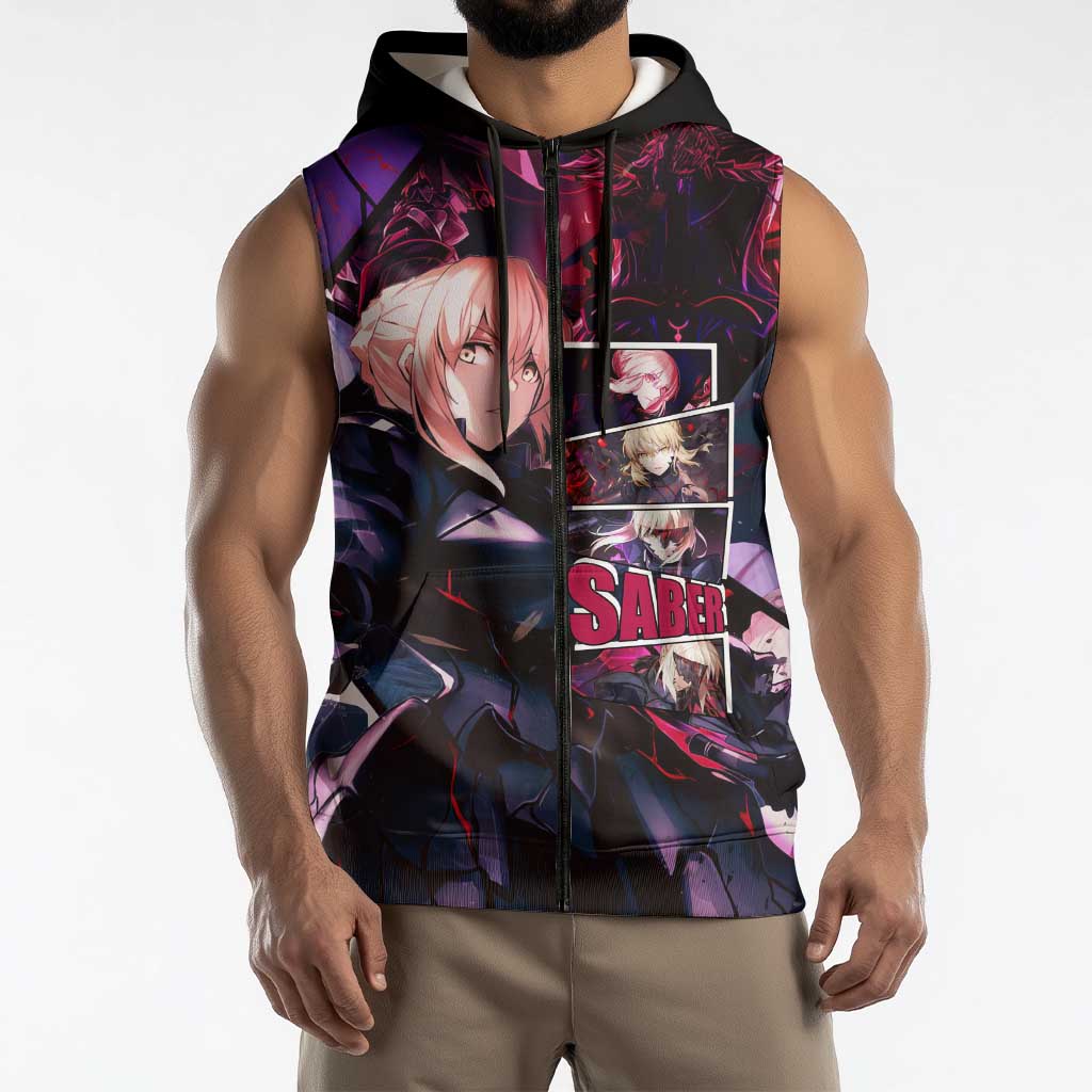 Saber Artoria Pendragon Dark Armor Theme Sleeveless Zip Hoodie with Red and Purple Abstract Background Design - The Mazicc