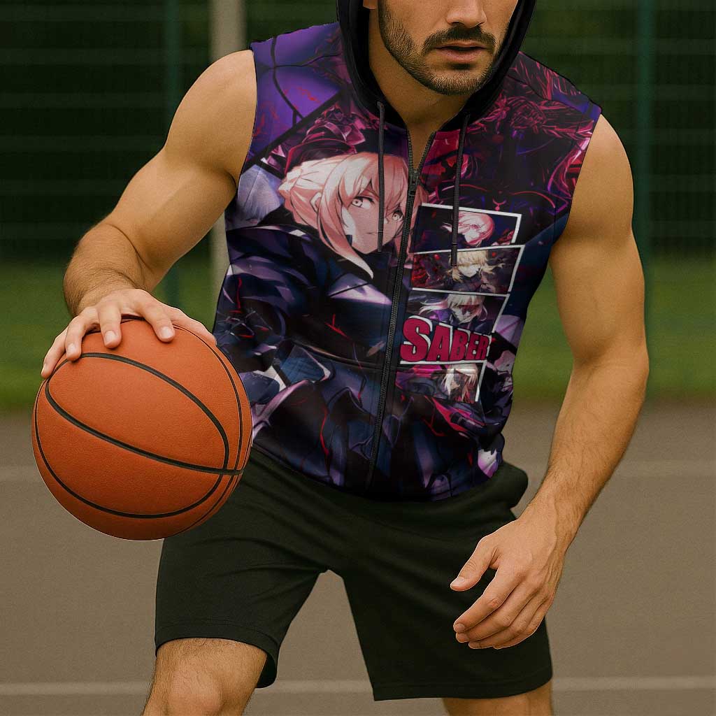 Saber Artoria Pendragon Dark Armor Theme Sleeveless Zip Hoodie with Red and Purple Abstract Background Design - The Mazicc
