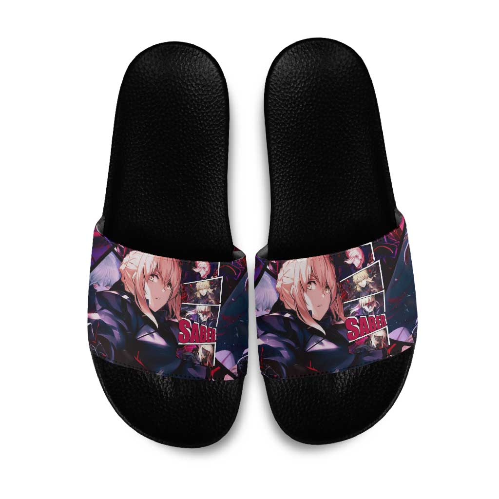 Saber Artoria Pendragon Dark Armor Theme Slide Sandals with Red and Purple Abstract Background Design - The Mazicc