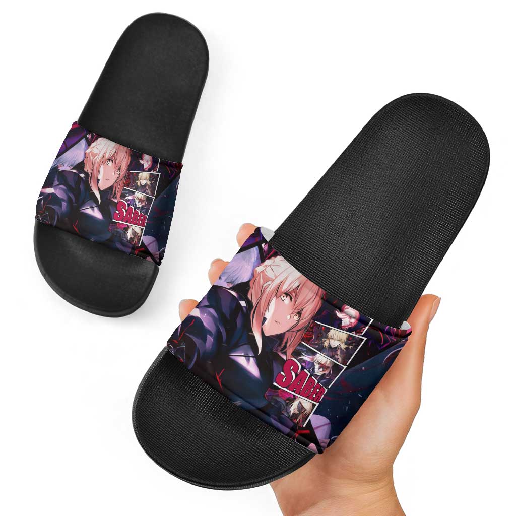 Saber Artoria Pendragon Dark Armor Theme Slide Sandals with Red and Purple Abstract Background Design - The Mazicc
