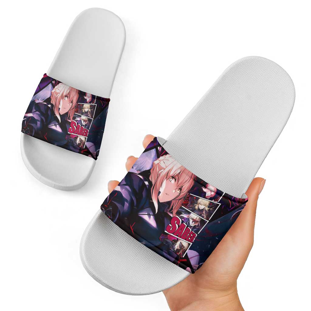 Saber Artoria Pendragon Dark Armor Theme Slide Sandals with Red and Purple Abstract Background Design - The Mazicc