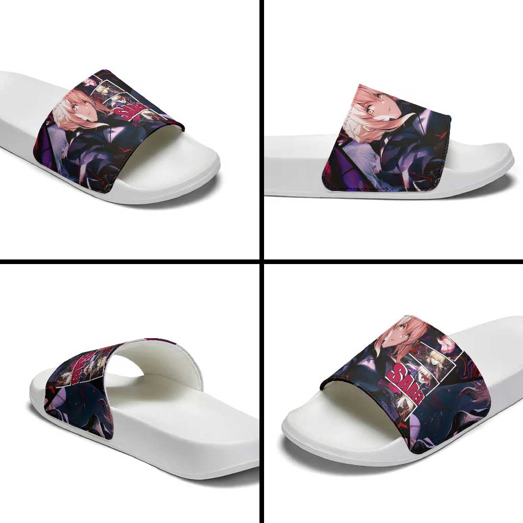 Saber Artoria Pendragon Dark Armor Theme Slide Sandals with Red and Purple Abstract Background Design - The Mazicc