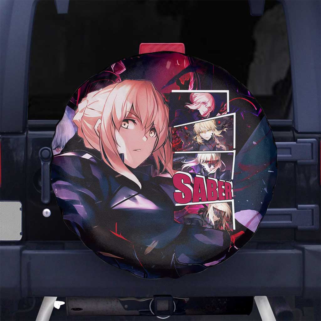 Saber Artoria Pendragon Dark Armor Theme Spare Tire Cover with Red and Purple Abstract Background Design - The Mazicc