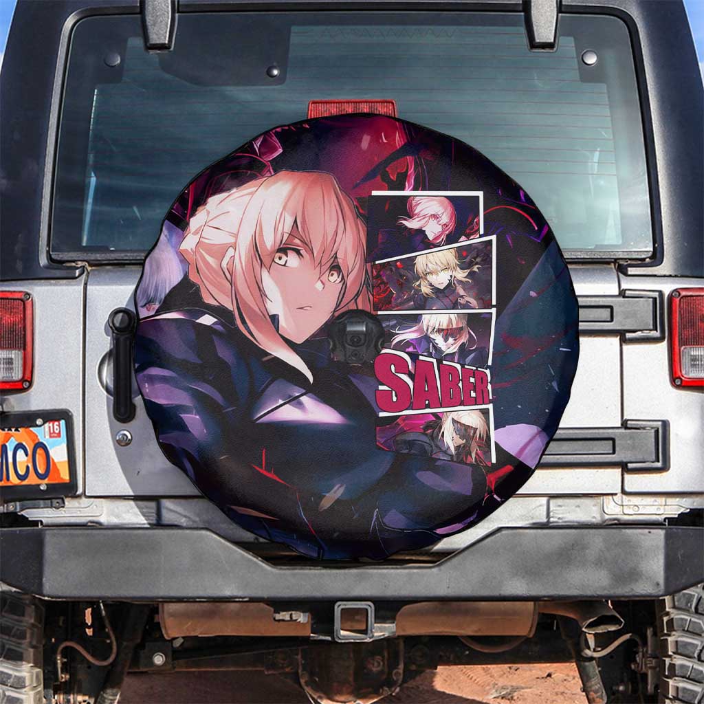 Saber Artoria Pendragon Dark Armor Theme Spare Tire Cover with Red and Purple Abstract Background Design - The Mazicc