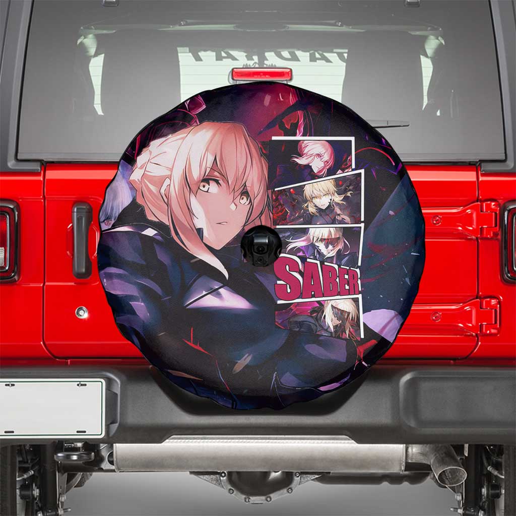 Saber Artoria Pendragon Dark Armor Theme Spare Tire Cover with Red and Purple Abstract Background Design - The Mazicc