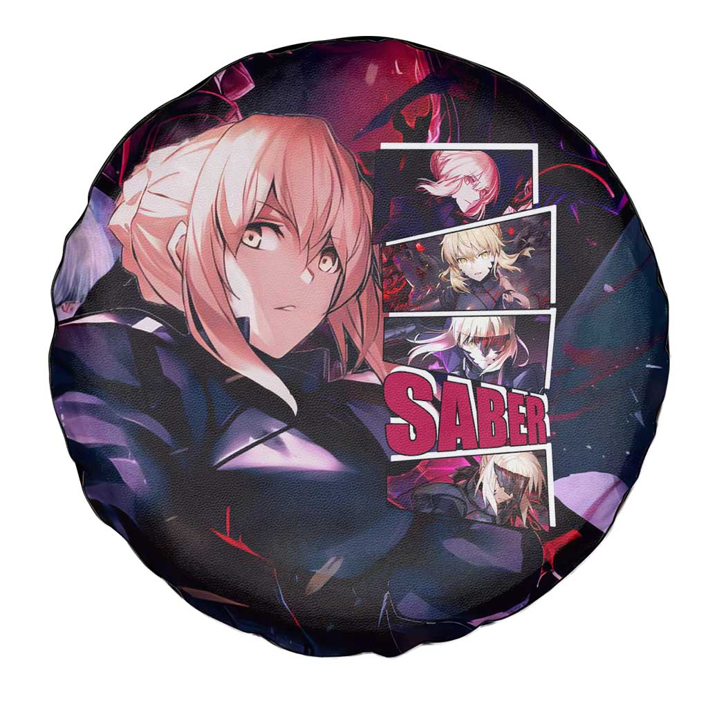 Saber Artoria Pendragon Dark Armor Theme Spare Tire Cover with Red and Purple Abstract Background Design - The Mazicc