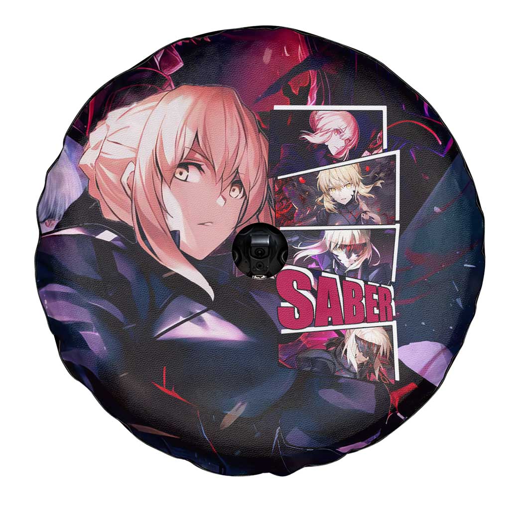 Saber Artoria Pendragon Dark Armor Theme Spare Tire Cover with Red and Purple Abstract Background Design - The Mazicc
