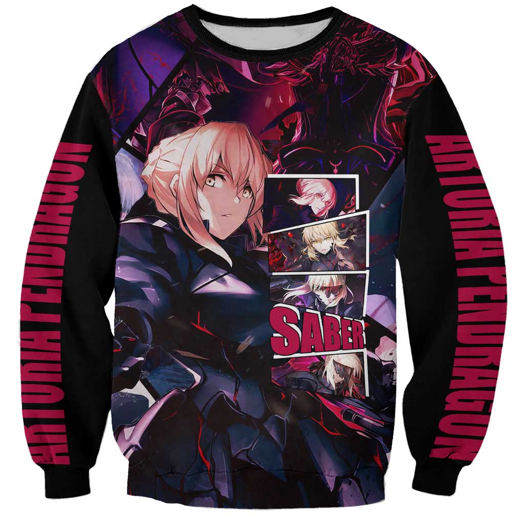 Saber Artoria Pendragon Dark Armor Theme Sweatshirt with Red and Purple Abstract Background Design - The Mazicc