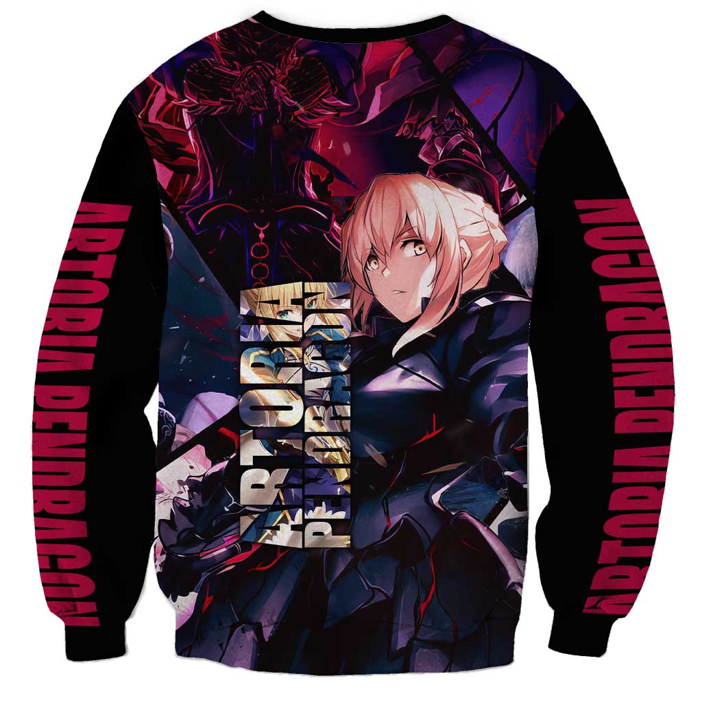 Saber Artoria Pendragon Dark Armor Theme Sweatshirt with Red and Purple Abstract Background Design - The Mazicc