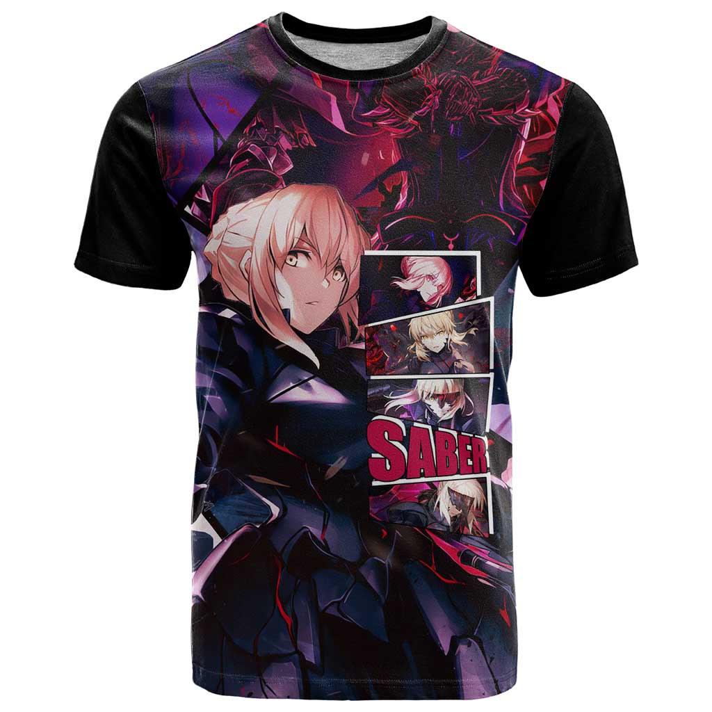 Saber Artoria Pendragon Dark Armor Theme T Shirt with Red and Purple Abstract Background Design - The Mazicc