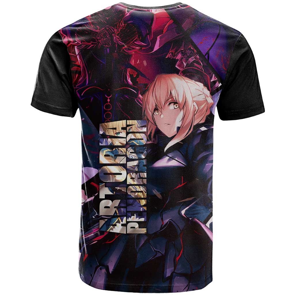 Saber Artoria Pendragon Dark Armor Theme T Shirt with Red and Purple Abstract Background Design - The Mazicc