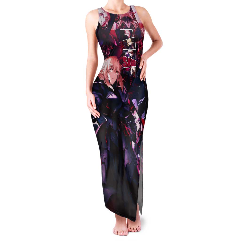 Saber Artoria Pendragon Dark Armor Theme Tank Maxi Dress with Red and Purple Abstract Background Design - The Mazicc