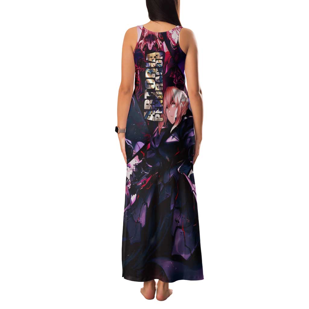Saber Artoria Pendragon Dark Armor Theme Tank Maxi Dress with Red and Purple Abstract Background Design - The Mazicc