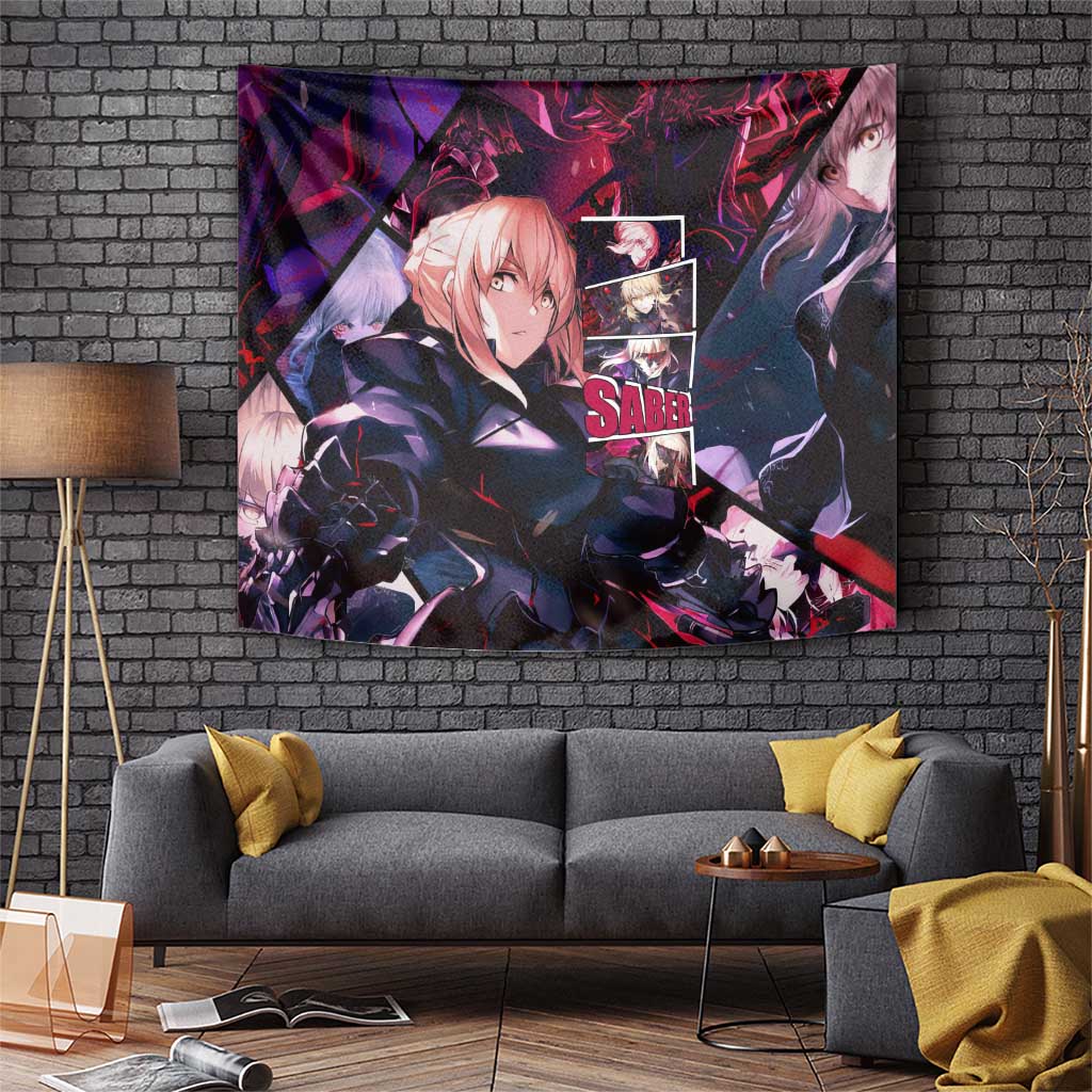Saber Artoria Pendragon Dark Armor Theme Tapestry with Red and Purple Abstract Background Design - The Mazicc