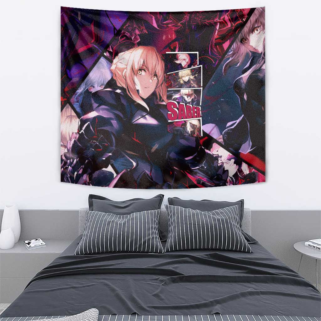 Saber Artoria Pendragon Dark Armor Theme Tapestry with Red and Purple Abstract Background Design - The Mazicc