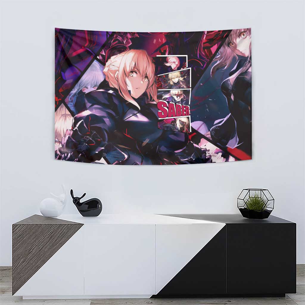 Saber Artoria Pendragon Dark Armor Theme Tapestry with Red and Purple Abstract Background Design - The Mazicc