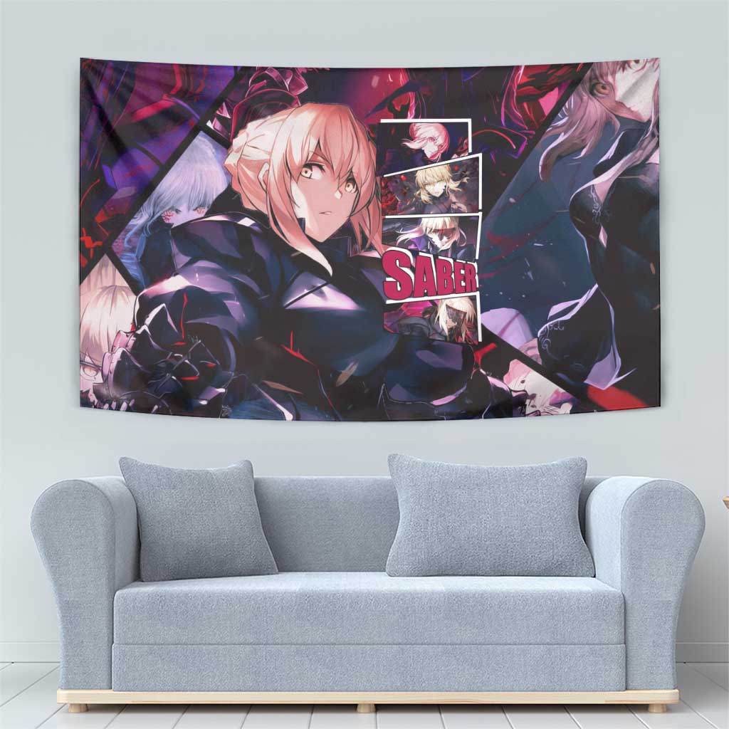 Saber Artoria Pendragon Dark Armor Theme Tapestry with Red and Purple Abstract Background Design - The Mazicc