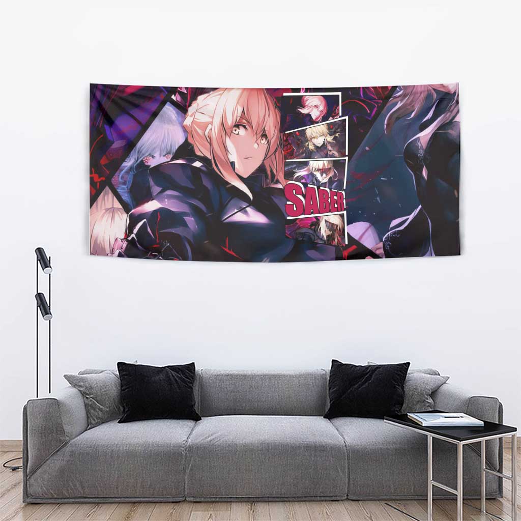 Saber Artoria Pendragon Dark Armor Theme Tapestry with Red and Purple Abstract Background Design - The Mazicc